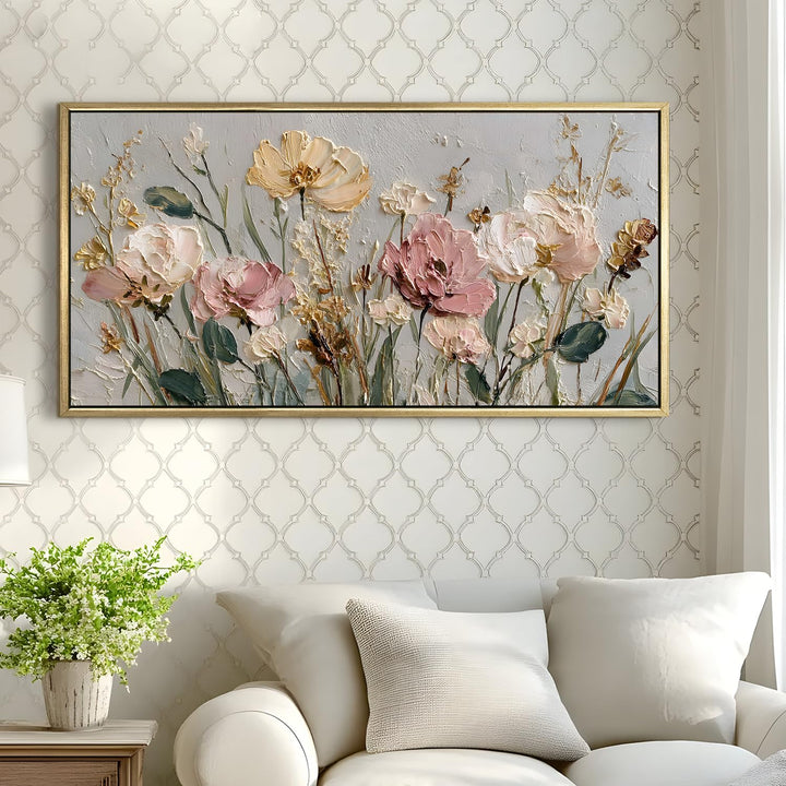 Wild Meadow Floral Wall Art 24x48 Inch | Golden Floater Frame HD Canvas Print | Ready to Hang (FLOWA043)