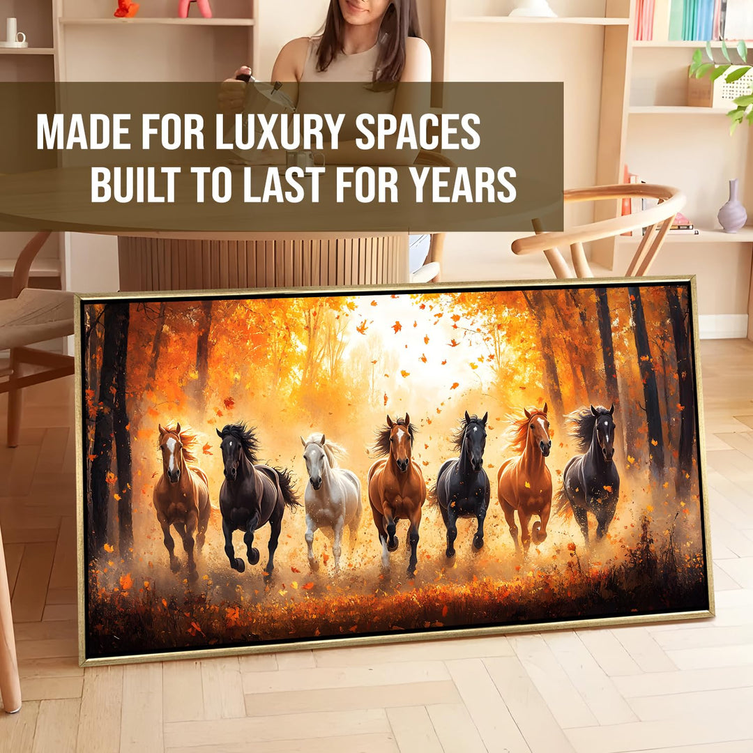 Seven Running Horses Wall Painting – Symbol of Prosperity, Success & Positive Energy | Premium Vastu Artwork for Home & Office Decor | Luxury Golden Floating Frame HD Canvas Print (24 Inch x 48 Inch) (VAWA81)