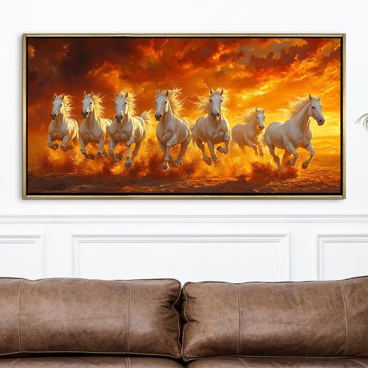 Seven Running Horses Wall Painting – Symbol of Prosperity, Success & Positive Energy | Premium Vastu Artwork for Home & Office Decor | Luxury Golden Floating Frame HD Canvas Print (24 Inch x 48 Inch) (VAWA79)