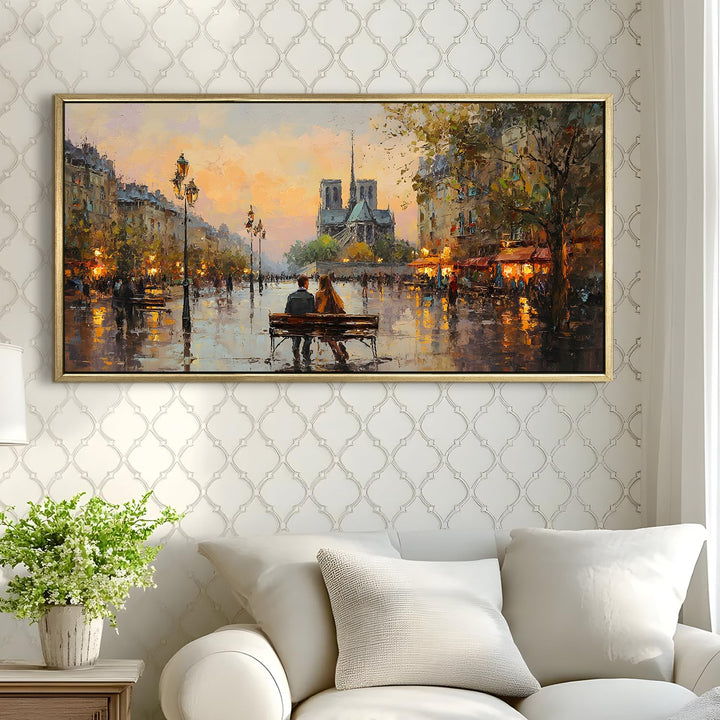 Paris Street Artist at Sunset Wall Art, HD Canvas Print, Golden Floater Framed, Ready to Hang, (24 In x 48 In) (EURP-WA-33)