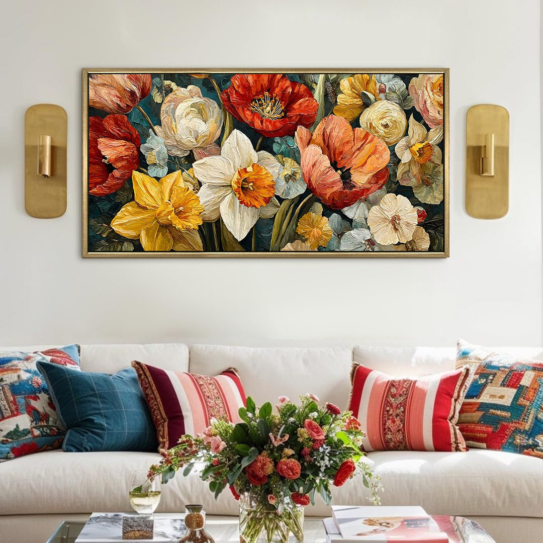 Floral Symphony Wall Art 24x48 Inch | Golden Floater Frame HD Canvas Print | Ready to Hang (FLOWA045)