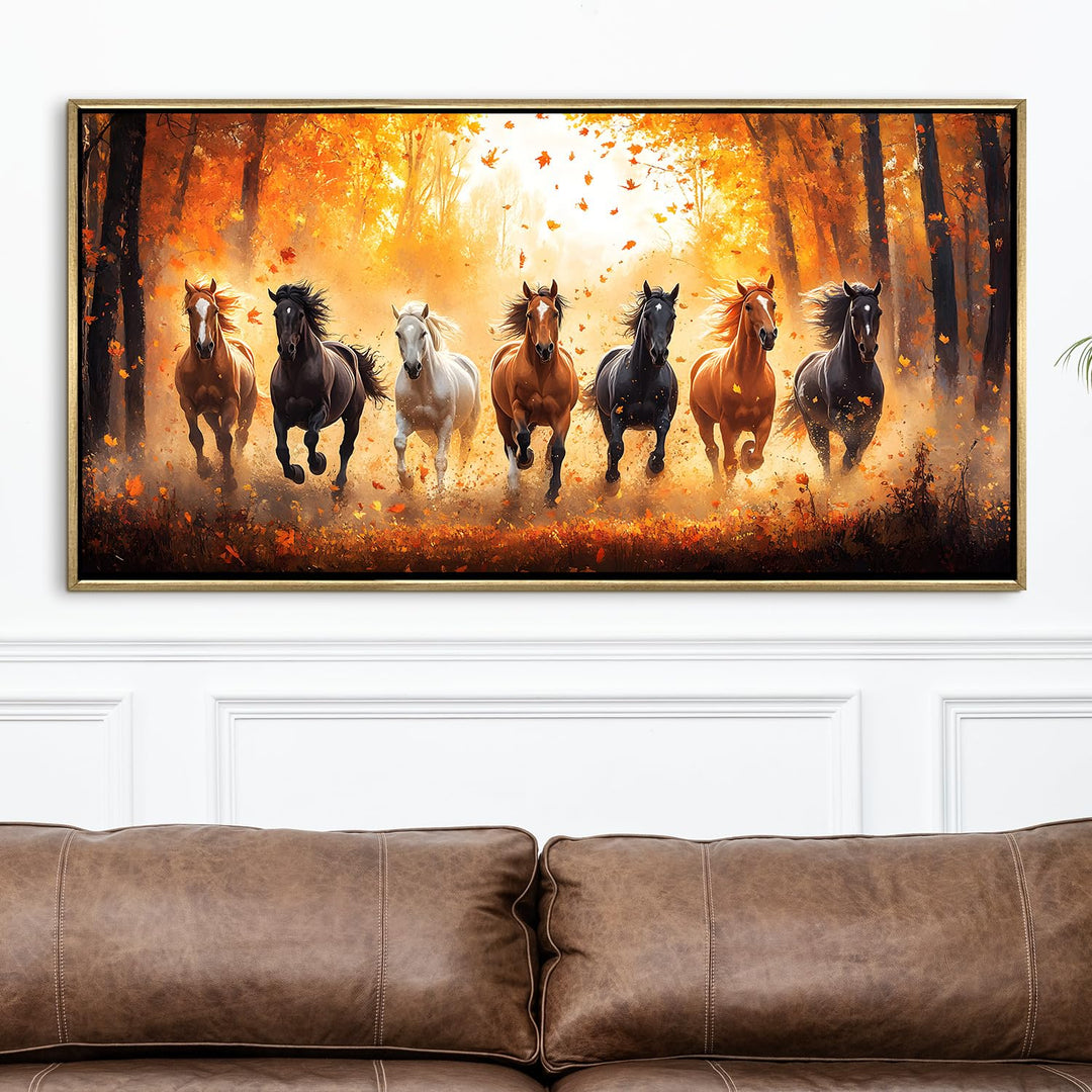 Seven Running Horses Wall Painting – Symbol of Prosperity, Success & Positive Energy | Premium Vastu Artwork for Home & Office Decor | Luxury Golden Floating Frame HD Canvas Print (24 Inch x 48 Inch) (VAWA81)