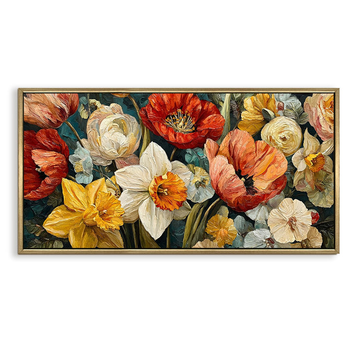 Floral Symphony Wall Art 24x48 Inch | Golden Floater Frame HD Canvas Print | Ready to Hang (FLOWA045)