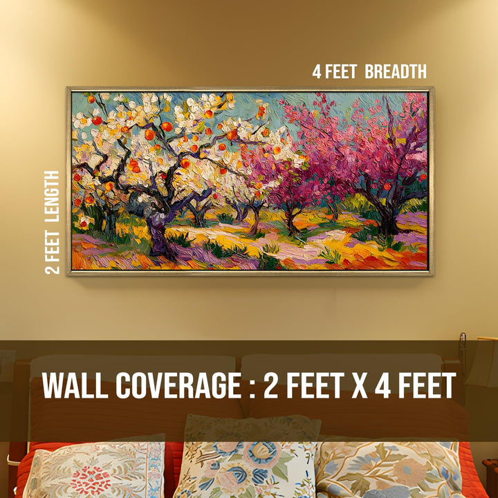 Luxury Floral Landscape Wall Art 24x48 Inch | Golden Floater Frame HD Canvas Print | Ready to Hang (FLOWA037)