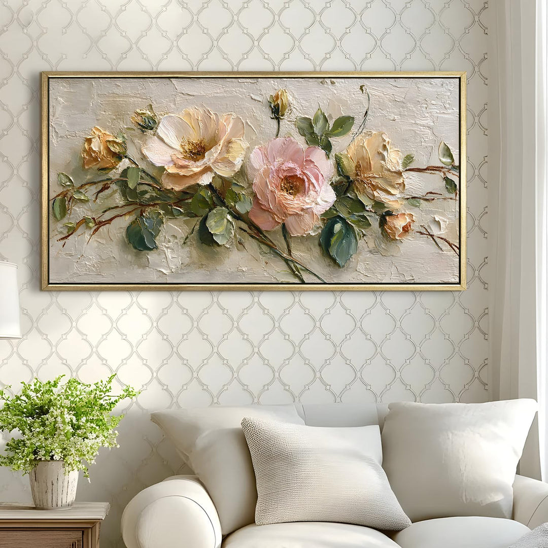 Vintage Rose Floral Wall Art 24x48 Inch | Golden Floater Frame HD Canvas Print | Ready to Hang (FLOWA044)