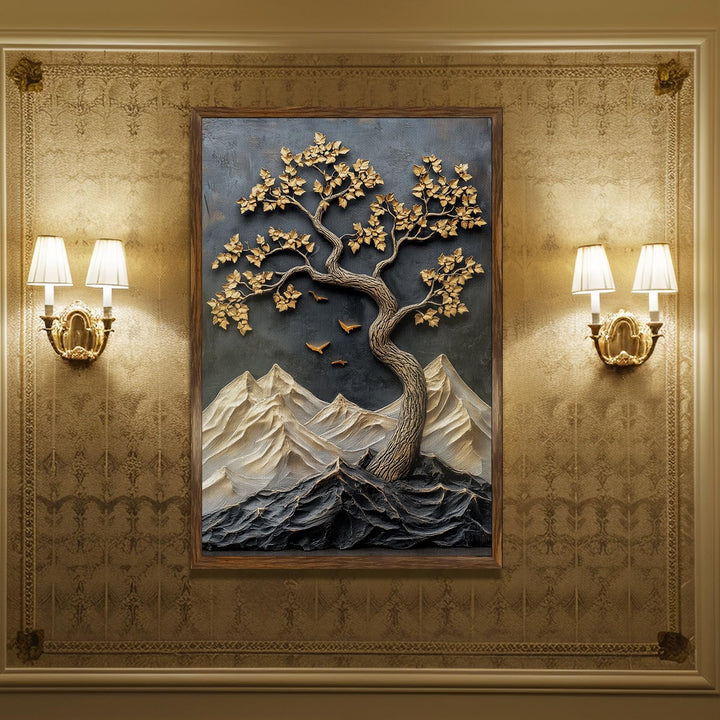 Abstract Golden Lucky Wish tree, HD Canvas Print, Framed, Ready to Hang. (20 In x 30 In) (LWISWA75)
