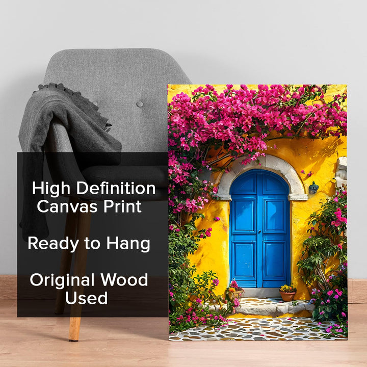 Mediterranean Door Floral Wall Art | Vibrant European Street Painting for Home Decor | HD Canvas Print | Ready to Hang (FLOWA038)