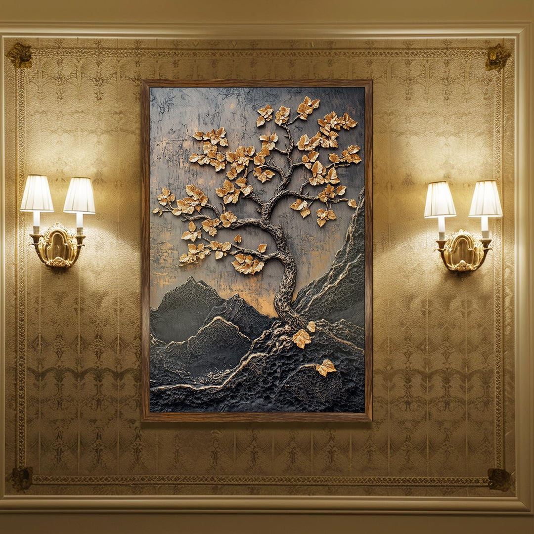 Abstract Golden Lucky Wish tree, HD Canvas Print, Framed, Ready to Hang. (20 In x 30 In) (LWISWA78)