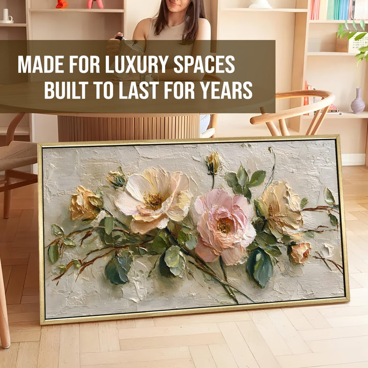 Vintage Rose Floral Wall Art 24x48 Inch | Golden Floater Frame HD Canvas Print | Ready to Hang (FLOWA044)