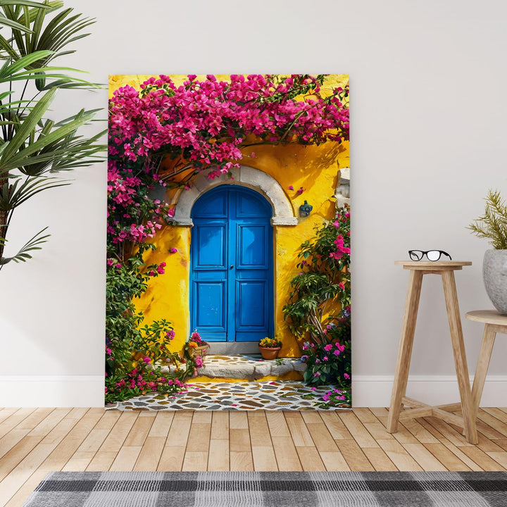 Mediterranean Door Floral Wall Art | Vibrant European Street Painting for Home Decor | HD Canvas Print | Ready to Hang (FLOWA038)