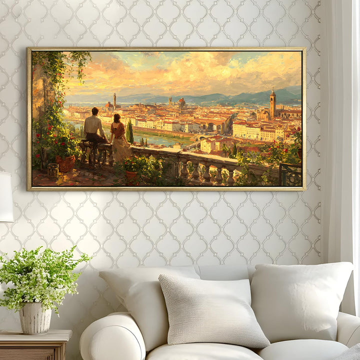 Florence Balcony at Sunset Wall Art, HD Canvas Print, Golden Floater Framed, Ready to Hang, (24 In x 48 In) (EURP-WA-34)