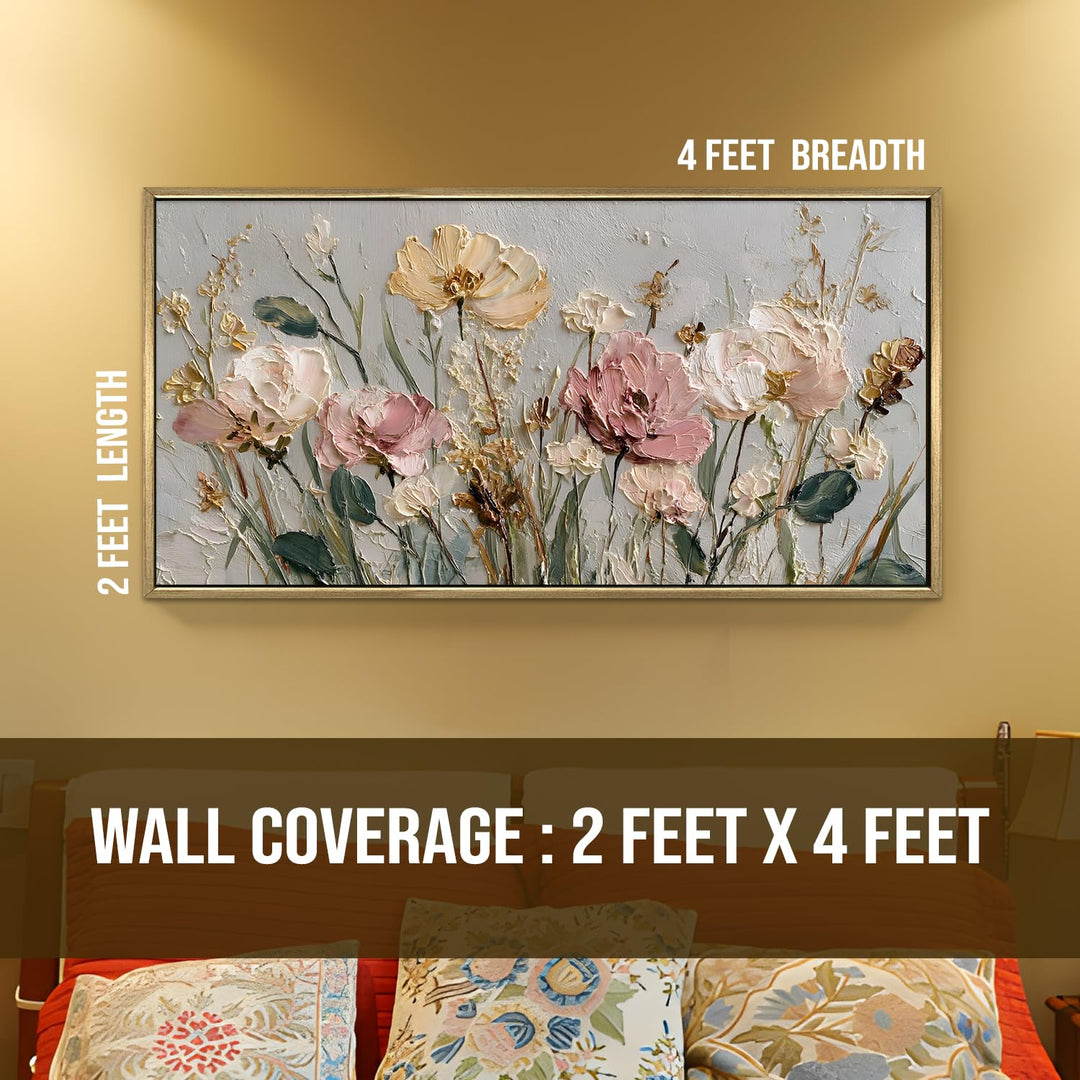 Wild Meadow Floral Wall Art 24x48 Inch | Golden Floater Frame HD Canvas Print | Ready to Hang (FLOWA043)