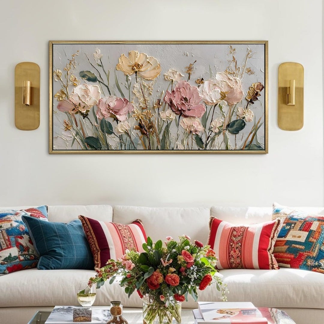 Wild Meadow Floral Wall Art 24x48 Inch | Golden Floater Frame HD Canvas Print | Ready to Hang (FLOWA043)