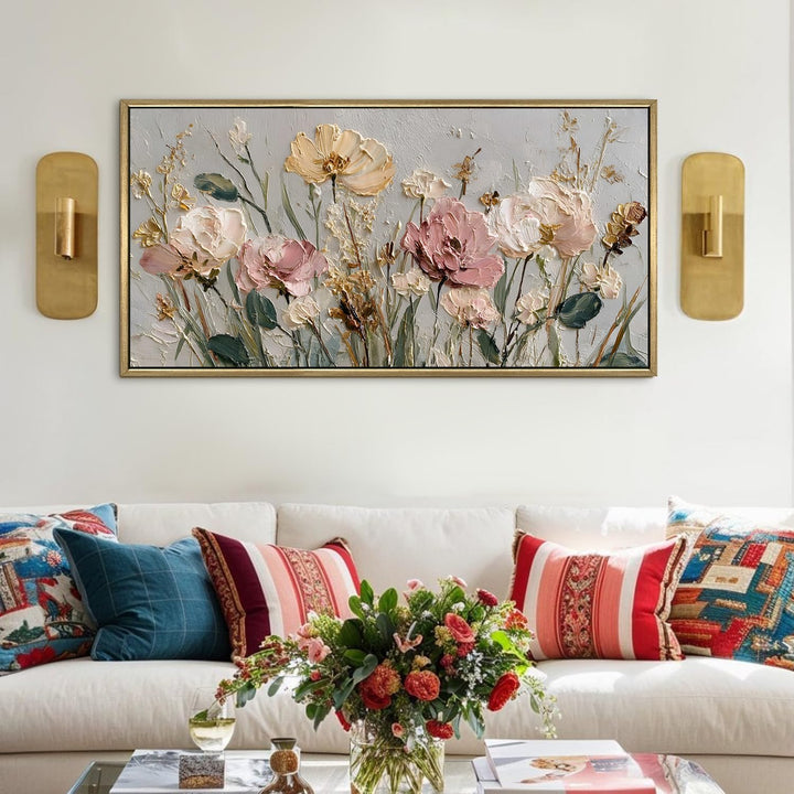 Wild Meadow Floral Wall Art 24x48 Inch | Golden Floater Frame HD Canvas Print | Ready to Hang (FLOWA043)