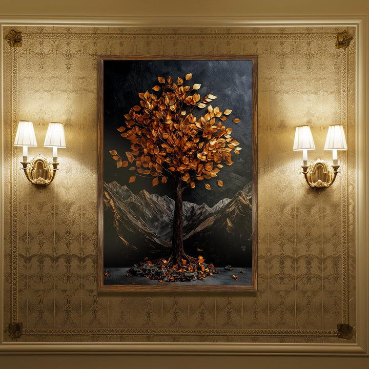 Abstract Golden Lucky Wish tree, HD Canvas Print, Framed, Ready to Hang. (20 In x 30 In) (LWISWA77)
