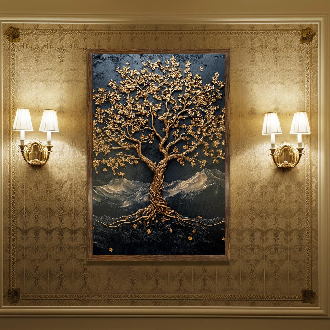 Abstract Golden Lucky Wish tree, HD Canvas Print, Framed, Ready to Hang. (20 In x 30 In) (LWISWA74)