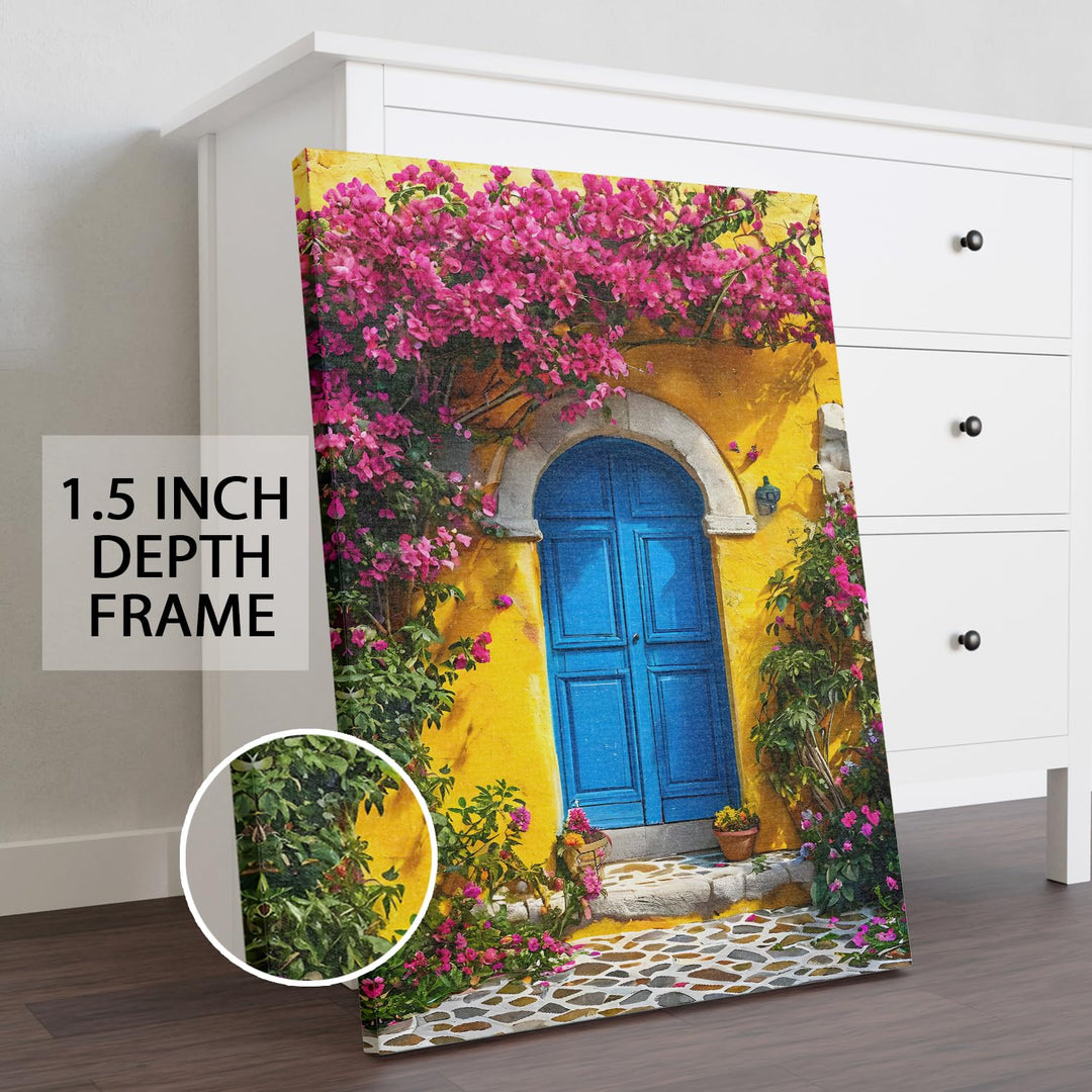 Mediterranean Door Floral Wall Art | Vibrant European Street Painting for Home Decor | HD Canvas Print | Ready to Hang (FLOWA038)
