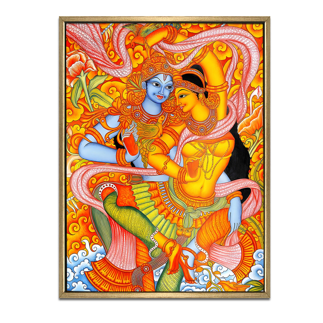 Kerala Mural Canvas Print Painting with Golden Floating Frame – Traditional Indian Wall Art for Home & Office Decor – Size: 3X4 Feet (KAMUWA08)