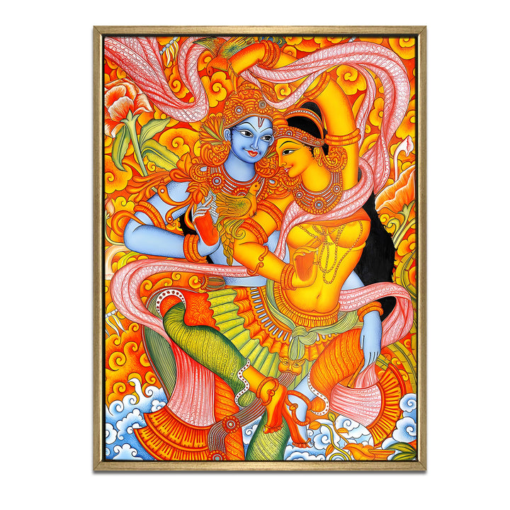 Kerala Mural Canvas Print Painting with Golden Floating Frame – Traditional Indian Wall Art for Home & Office Decor – Size: 3X4 Feet (KAMUWA08)