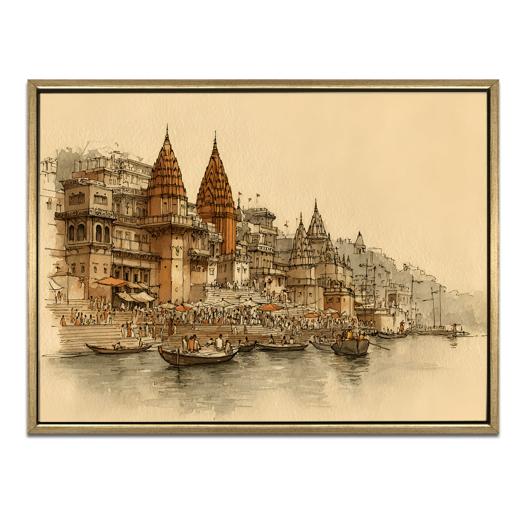 Banaras Ghats Painting Wall Art – Varanasi Riverfront with Golden Floater Frame – HD Print Large Canvas, Ready to Hang, Size: 3X4FT, (BAWA14)