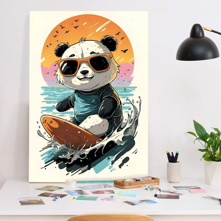Surf’s Up Panda – Cute Cartoon Wall Art Painting, HD Canvas Print, Framed, Ready to Hang. (POMWA320)