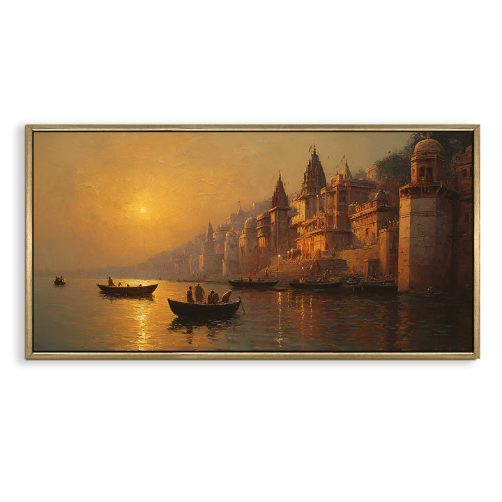 Banaras Ghats Painting Wall Art – Varanasi Riverfront with Golden Floater Frame – HD Print Large Canvas, Ready to Hang, Size: 2X4FT, (BAWA32)