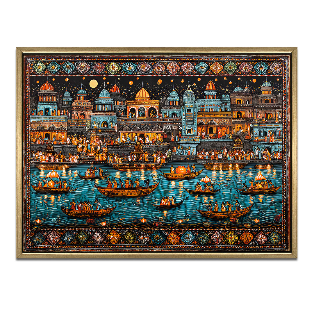 Banaras Ghats Painting Wall Art – Varanasi Riverfront with Golden Floater Frame – HD Print Large Canvas, Ready to Hang, Size: 3X4FT, (BAWA20)