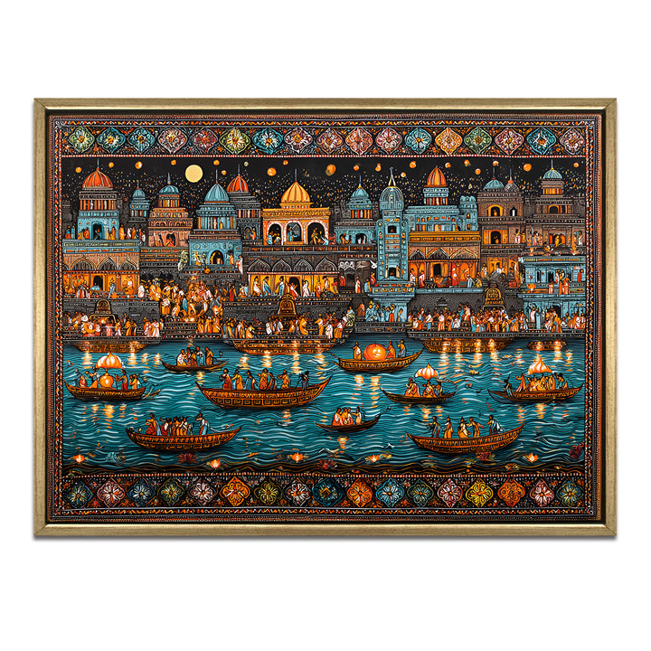 Banaras Ghats Painting Wall Art – Varanasi Riverfront with Golden Floater Frame – HD Print Large Canvas, Ready to Hang, Size: 3X4FT, (BAWA20)
