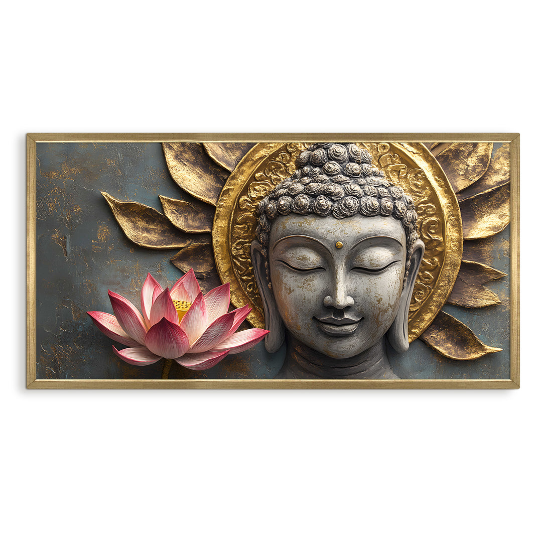 Buddha with Red Lotus Wall Art, HD Canvas Print, Golden Box Framed, Ready to Hang, (24 In x 48 In) (BDWA31)