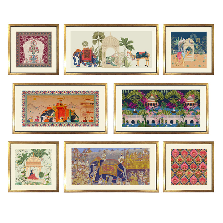 Royal Mughal Miniature Art – Set of 8 Acrylic Paintings in Golden Box Frames (MUGHAL-8F-01)