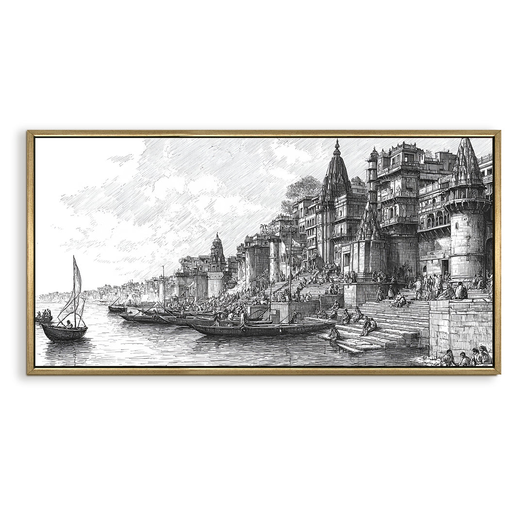 Banaras Ghats Painting Wall Art – Varanasi Riverfront with Golden Floater Frame – HD Print Large Canvas, Ready to Hang, Size: 2X4FT, (BAWA38)