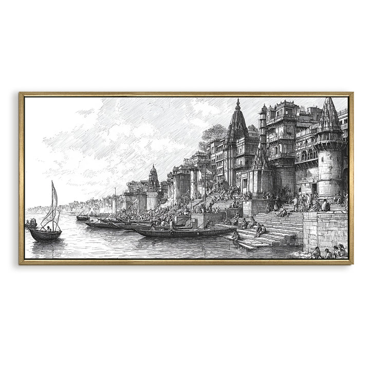 Banaras Ghats Painting Wall Art – Varanasi Riverfront with Golden Floater Frame – HD Print Large Canvas, Ready to Hang, Size: 2X4FT, (BAWA38)
