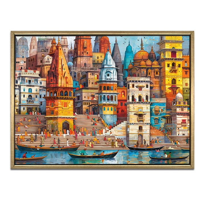 Banaras Ghats Painting Wall Art – Varanasi Riverfront with Golden Floater Frame – HD Print Large Canvas, Ready to Hang, Size: 3X4FT, (BAWA25)