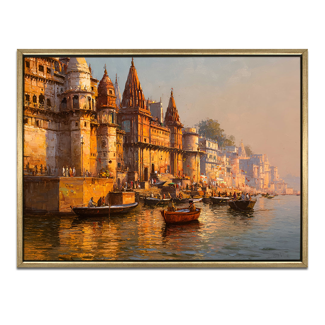Banaras Ghats Painting Wall Art – Varanasi Riverfront with Golden Floater Frame – HD Print Large Canvas, Ready to Hang, Size: 3X4FT, (BAWA05)