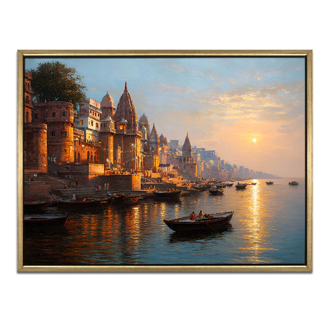Banaras Ghats Painting Wall Art – Varanasi Riverfront with Golden Floater Frame – HD Print Large Canvas, Ready to Hang, Size: 3X4FT, (BAWA03)