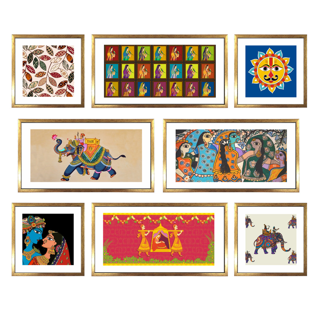Indian Folk & Madhubani Art – Set of 8 Framed Acrylic Paintings in Golden Box Frames (INETHPA02)