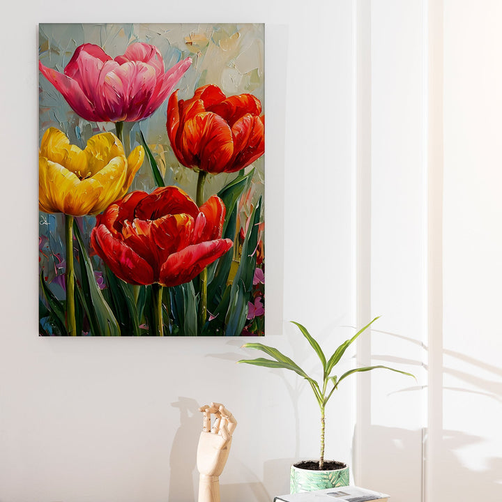 Vibrant Tulip Symphony Wall Art Painting, HD Canvas Print, Framed, Ready to Hang. (FLWA71)