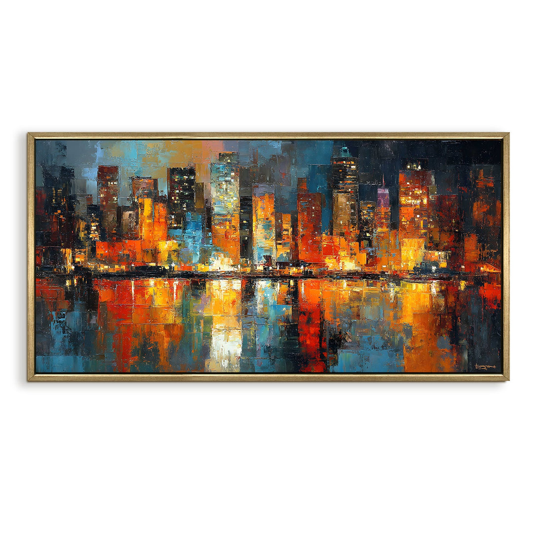City Skyline Reflected on Water Wall Art, HD Canvas Print, Golden Floater Framed, Ready to Hang, (24 In x 48 In) (ABS-WA-01)