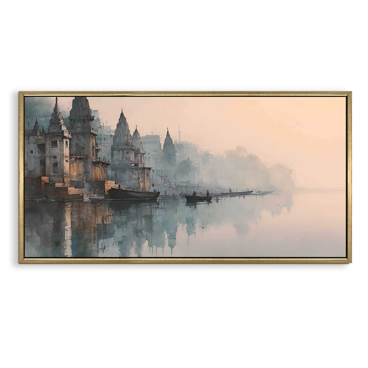 Banaras Ghats Painting Wall Art – Varanasi Riverfront with Golden Floater Frame – HD Print Large Canvas, Ready to Hang, Size: 2X4FT, (BAWA36)