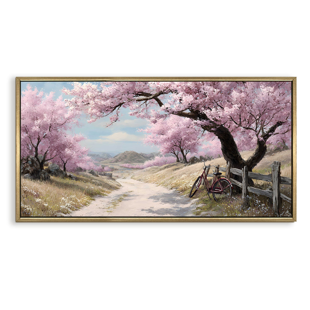 Vintage Bicycle Countryside Wall Art, HD Canvas Print, Golden Floater Framed, Ready to Hang, (24 In x 48 In). (EURP-WA-04)