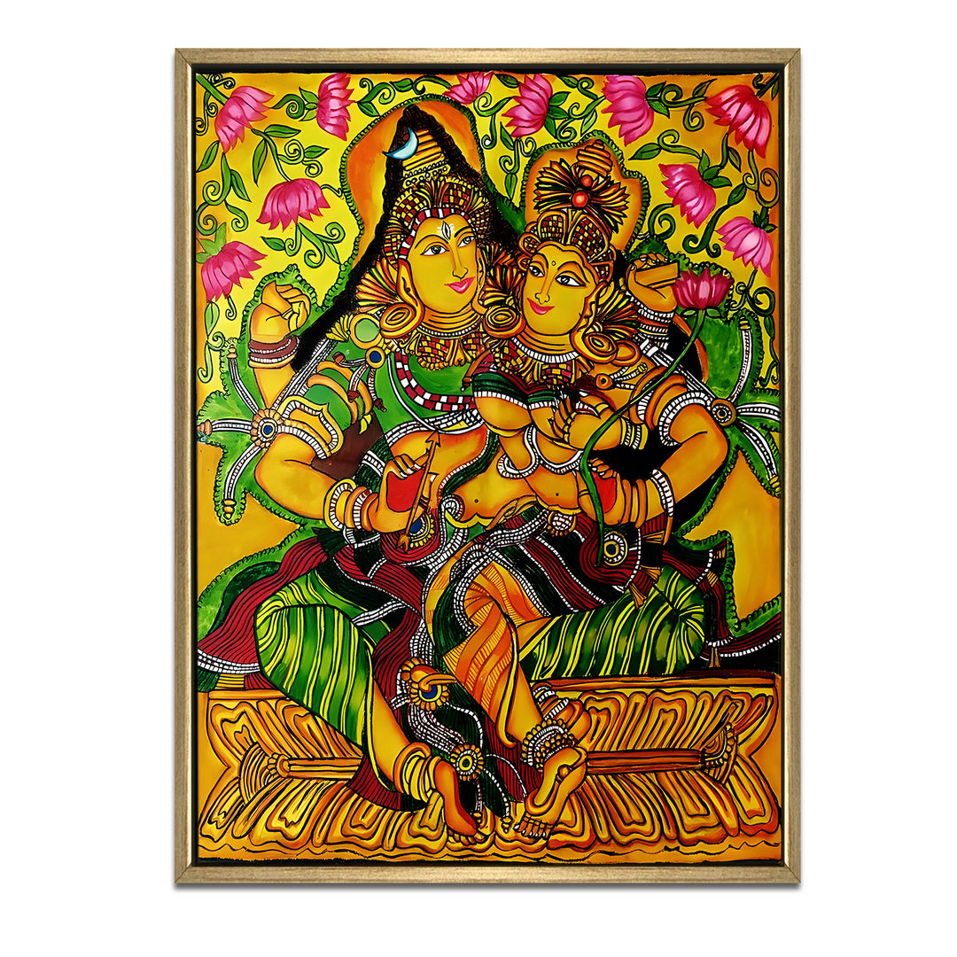 Kerala Mural Canvas Print Painting with Golden Floating Frame – Traditional Indian Wall Art for Home & Office Decor – Size: 3X4 Feet (KAMUWA05)