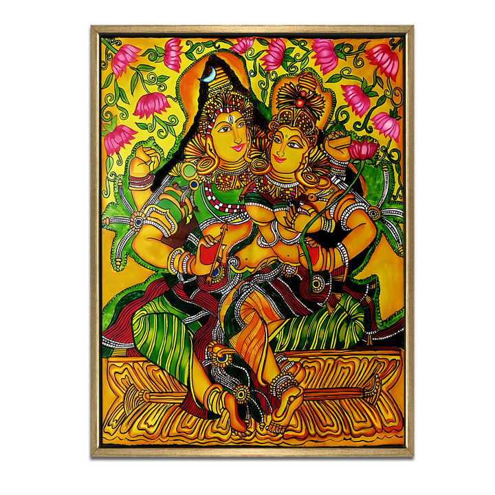 Kerala Mural Canvas Print Painting with Golden Floating Frame – Traditional Indian Wall Art for Home & Office Decor – Size: 3X4 Feet (KAMUWA05)