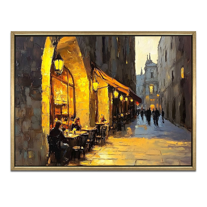 Sunset view from a rooftop bistro in Barcelona Wall Art, HD Canvas Print, Golden Floater Framed, Ready to Hang, (36 In x 48 In) (CAFE-WA-11)