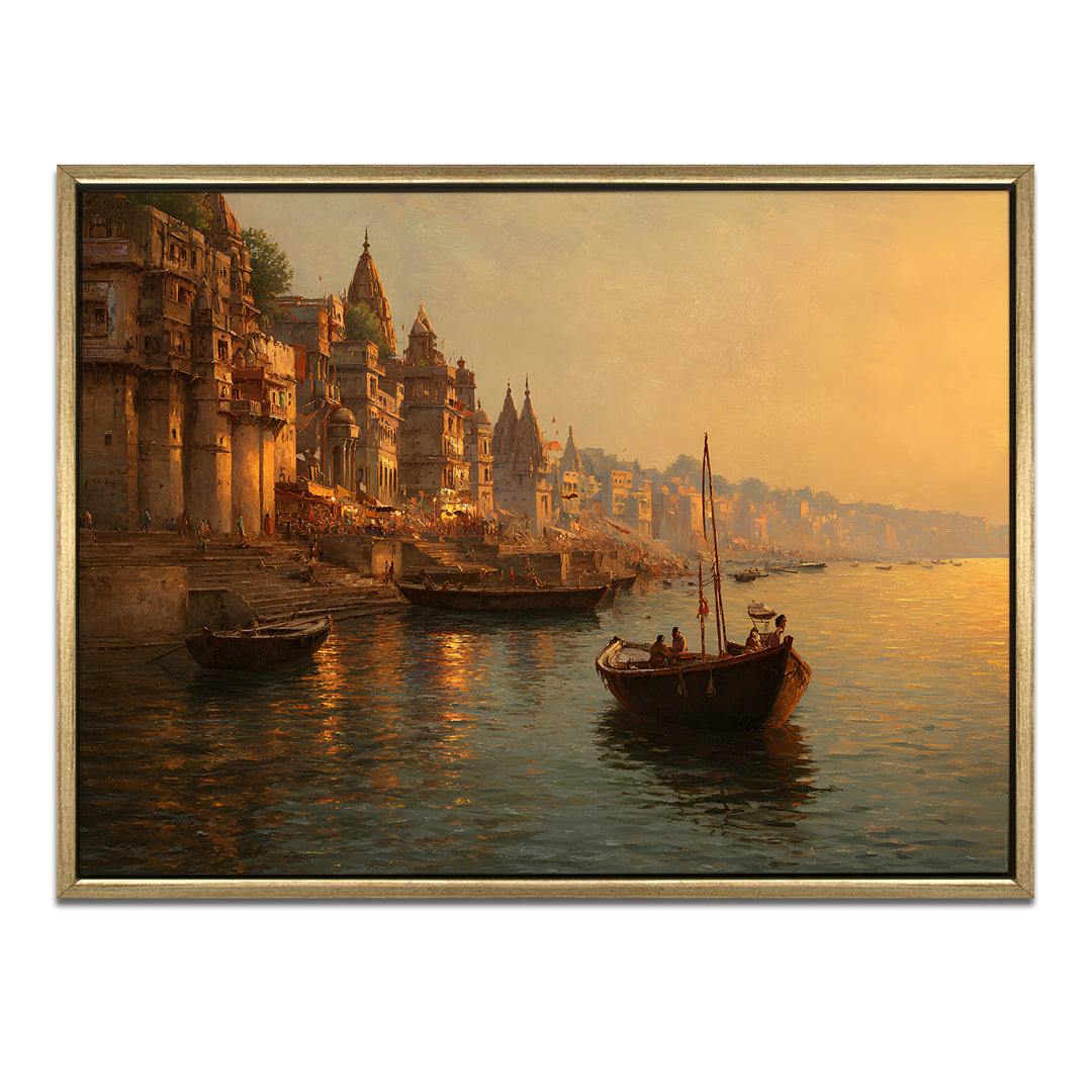 Banaras Ghats Painting Wall Art – Varanasi Riverfront with Golden Floater Frame – HD Print Large Canvas, Ready to Hang, Size: 3X4FT, (BAWA04)