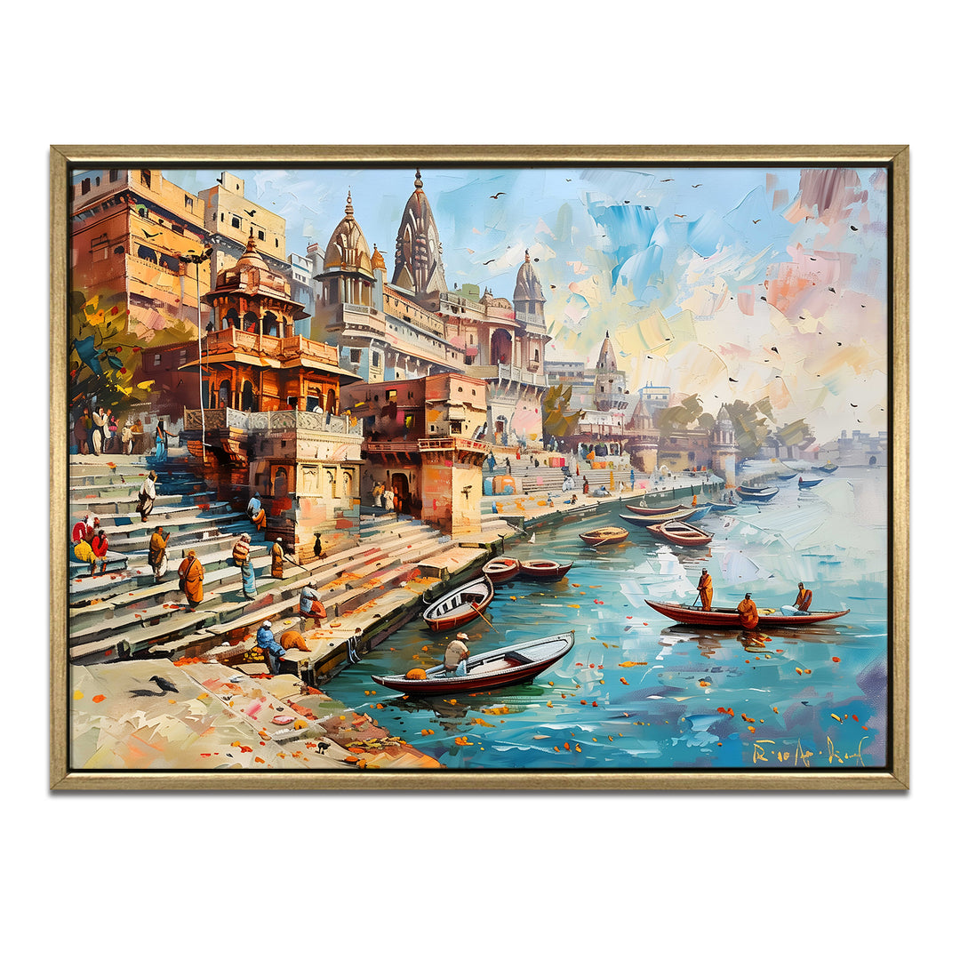 Banaras Ghats Painting Wall Art – Varanasi Riverfront with Golden Floater Frame – HD Print Large Canvas, Ready to Hang, Size: 3X4FT, (BAWA16)