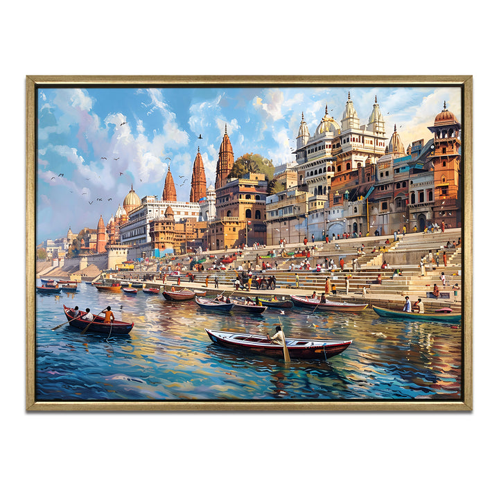 Banaras Ghats Painting Wall Art – Varanasi Riverfront with Golden Floater Frame – HD Print Large Canvas, Ready to Hang, Size: 3X4FT, (BAWA19)