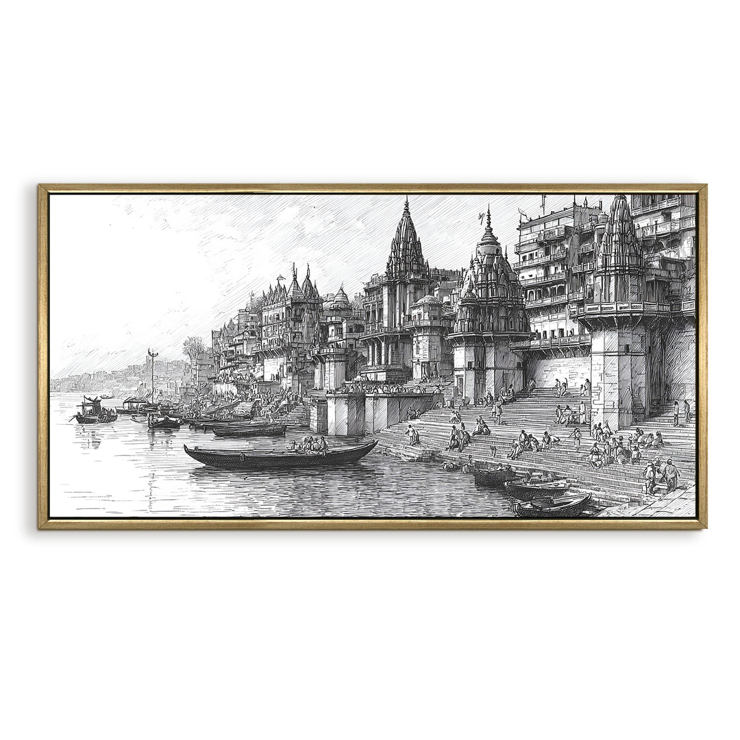 Banaras Ghats Painting Wall Art – Varanasi Riverfront with Golden Floater Frame – HD Print Large Canvas, Ready to Hang, Size: 2X4FT, (BAWA39)