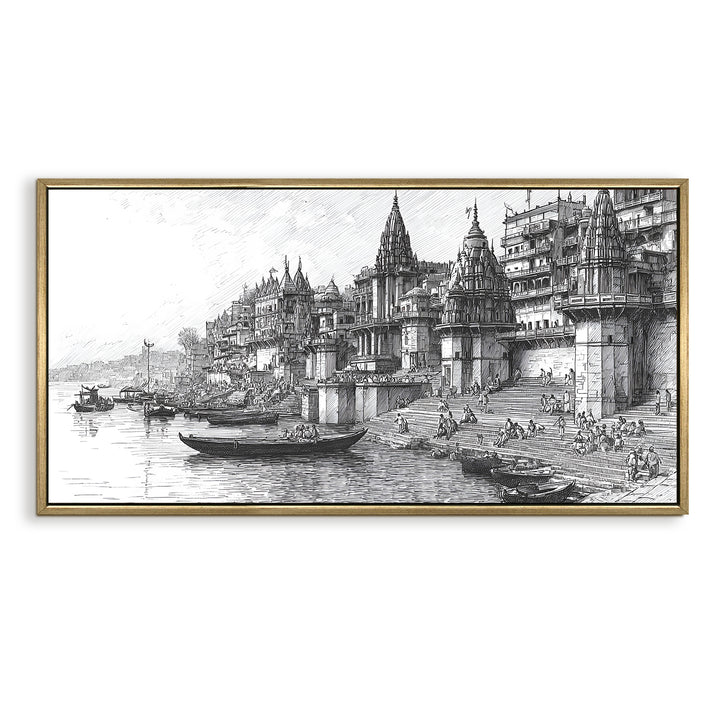 Banaras Ghats Painting Wall Art – Varanasi Riverfront with Golden Floater Frame – HD Print Large Canvas, Ready to Hang, Size: 2X4FT, (BAWA39)