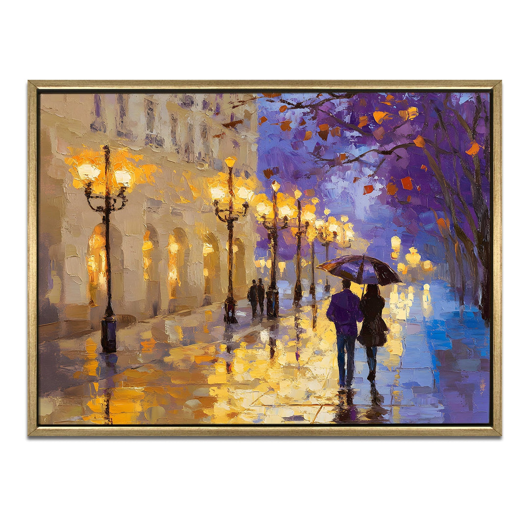 Rainy street with reflections of warm lights Wall Art, HD Canvas Print, Golden Floater Framed, Ready to Hang, (36 In x 48 In) (CAFE-WA-01)