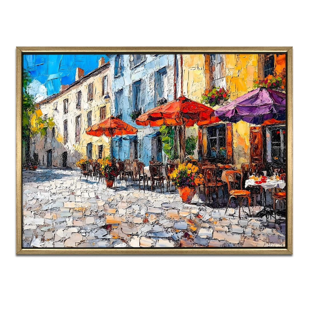 Cobblestone market square in southern France Wall Art, HD Canvas Print, Golden Floater Framed, Ready to Hang, (36 In x 48 In) (CAFE-WA-17)